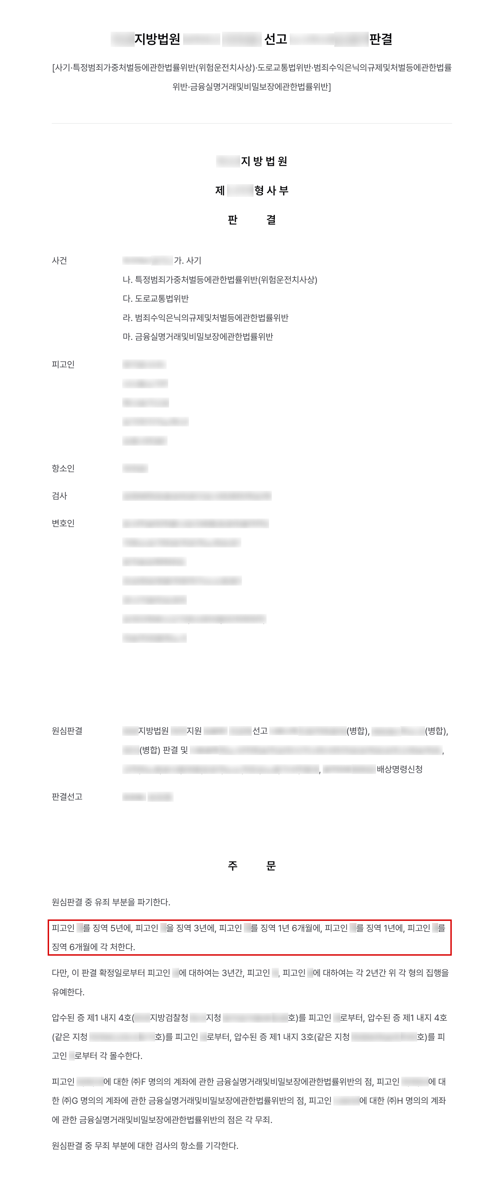 고소대리, 상품권 업체를 가장해 보이스피싱 피해금 21억 원을 현금화한 인출·전달책 5명, 주범 징역 5년으로 가중 결과 문서(개인정보 가림)