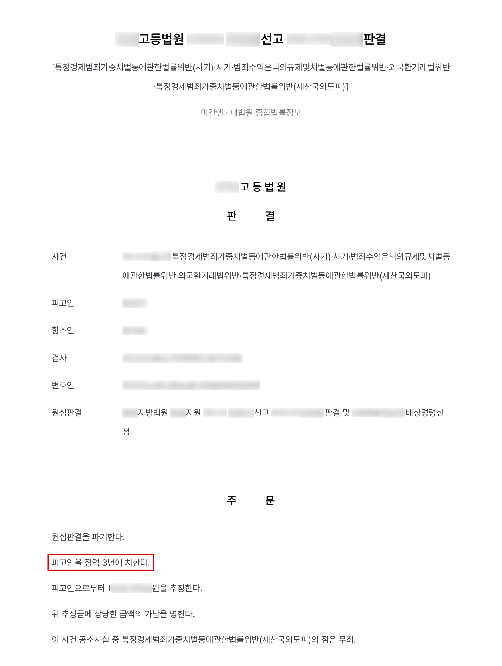 고소대리, 리딩방 투자사기 피해금 21억 원을 인출·전달한 자금세탁책, 사기 공동정범으로 항소심 징역 3년 실형 결과 문서(개인정보 가림)