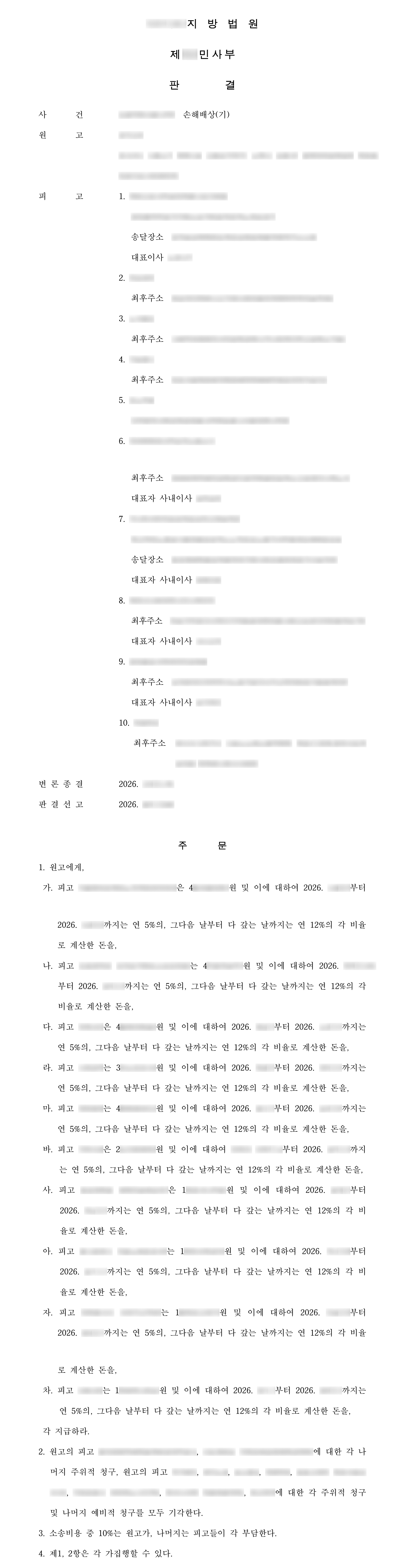 가짜 주식 거래 사이트에 8억 원 넘게 보낸 리딩방 투자사기, 계좌 명의 법인·개인 10명 상대로 남은 피해 전액 인정 결과 문서(개인정보 가림)