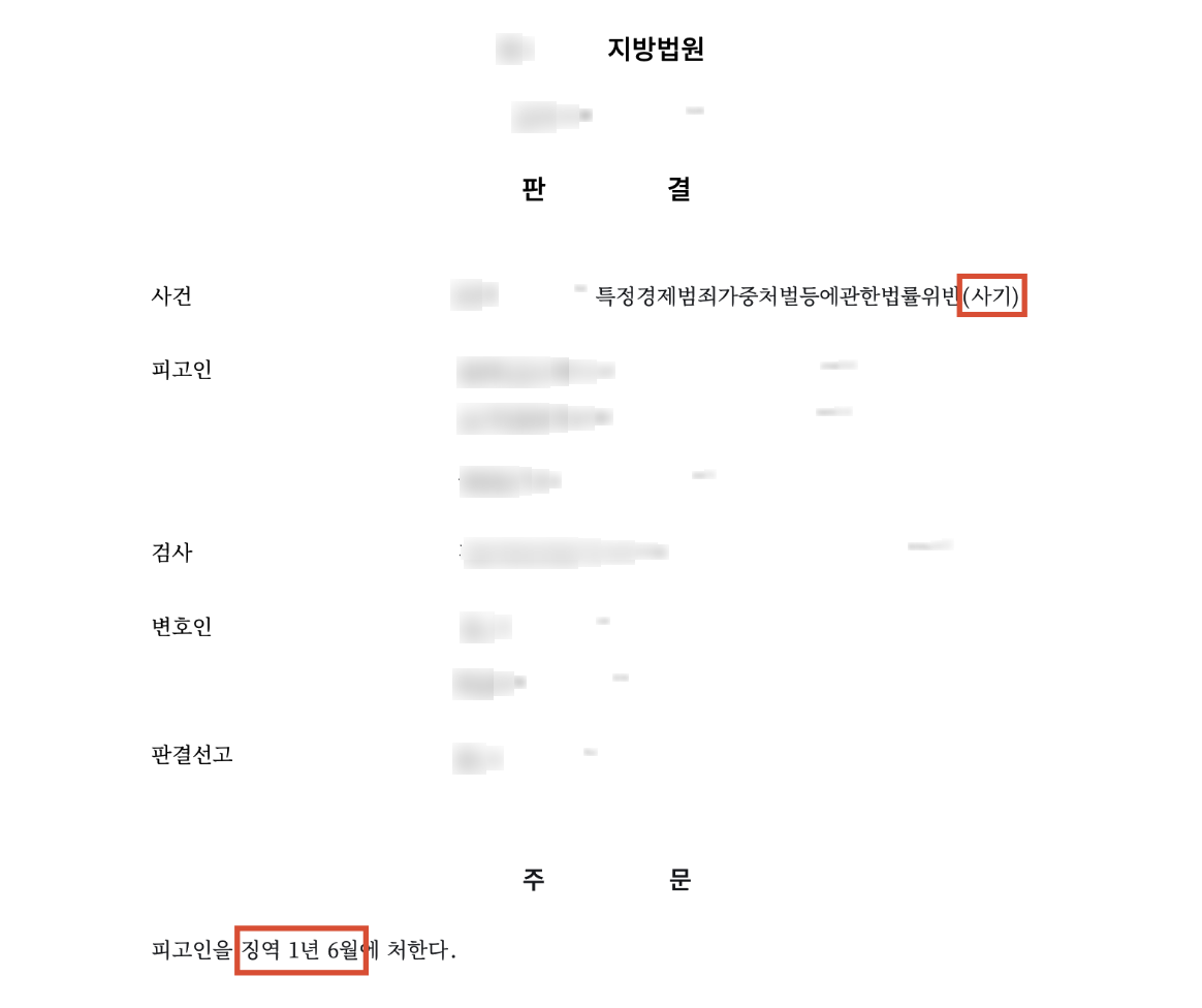 고소대리, 허위 ‘임차인 명도 확인서’로 18억 대출… 반복 사기범에 '징역 1년 6월' 실형 선고된 사건 결과 문서(개인정보 가림)